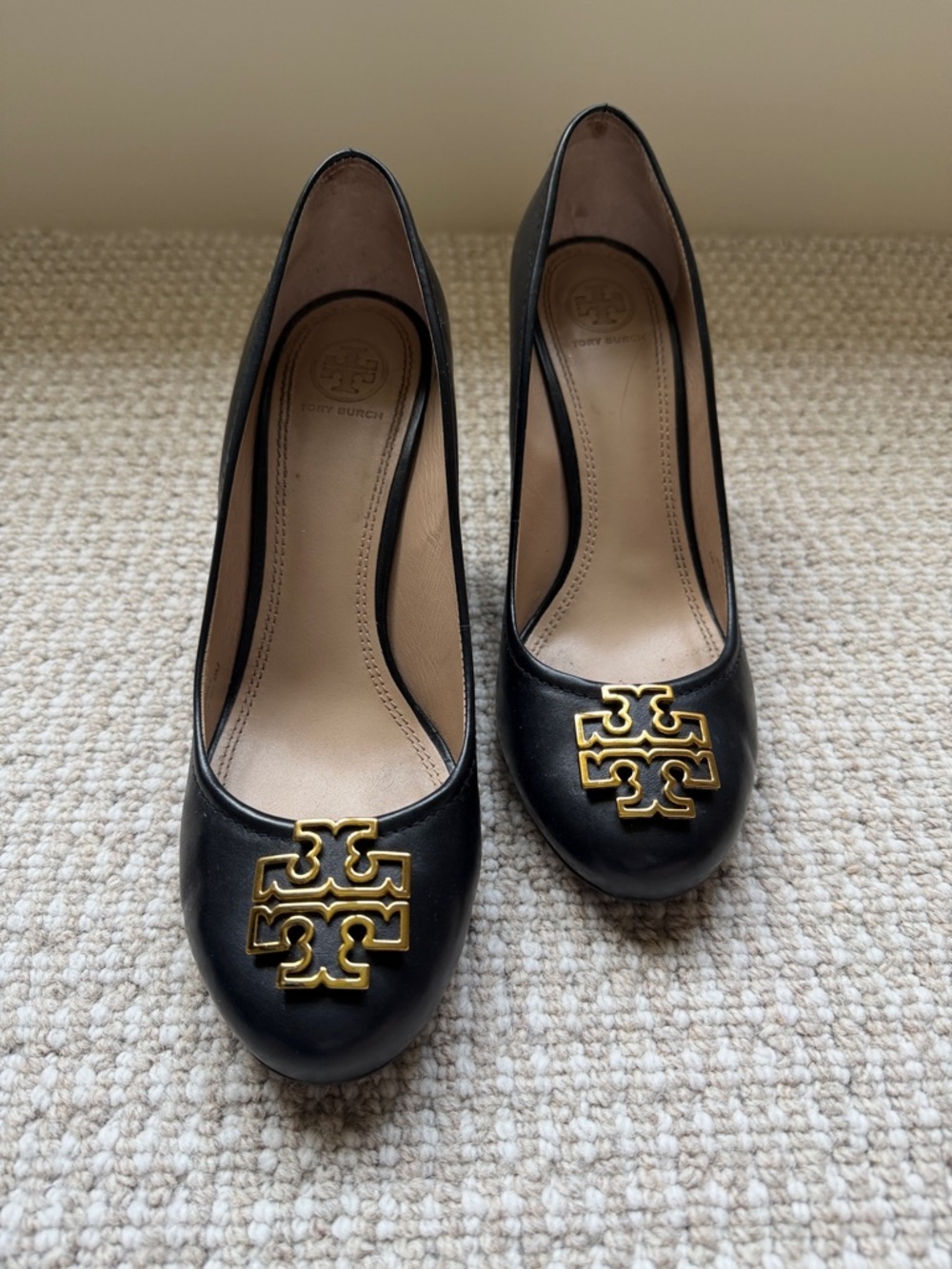Tory Burch Black Wedge Pumps with Gold Logo